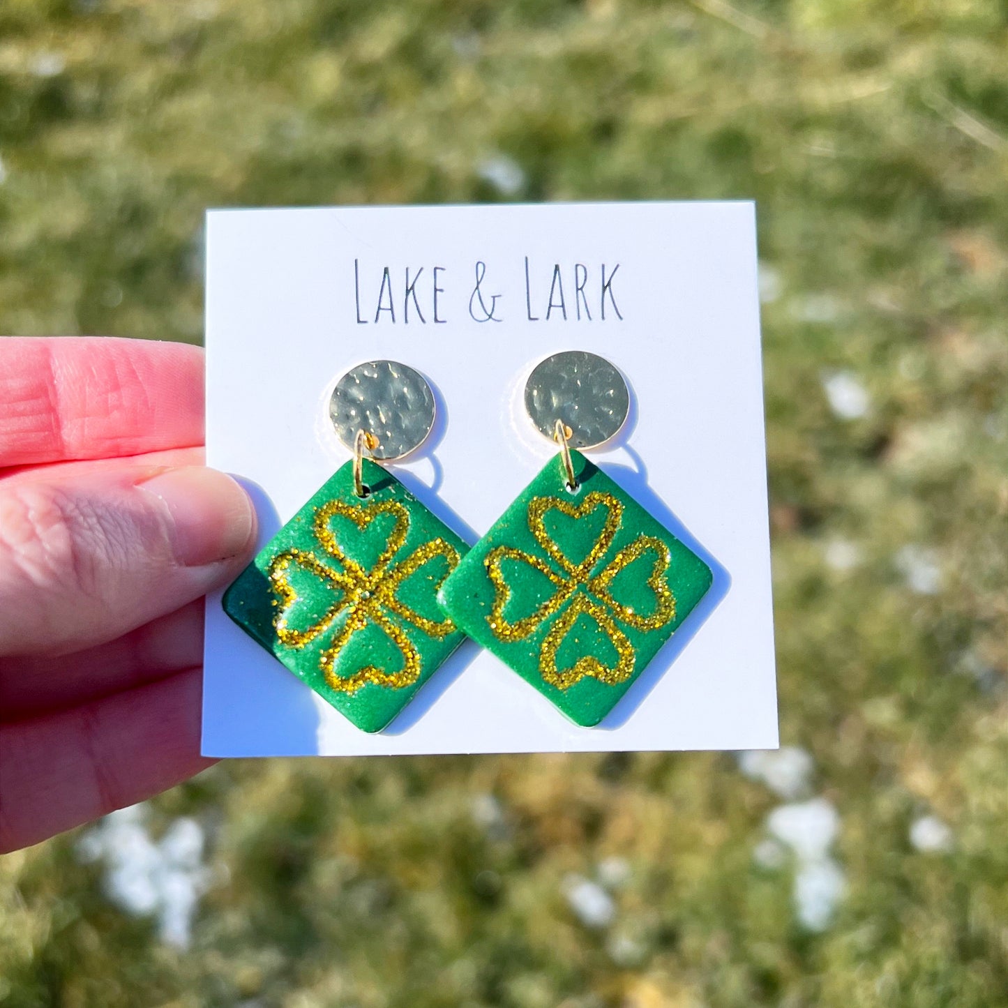 gold glitter shamrock clay earrings saint patricks day lake lark