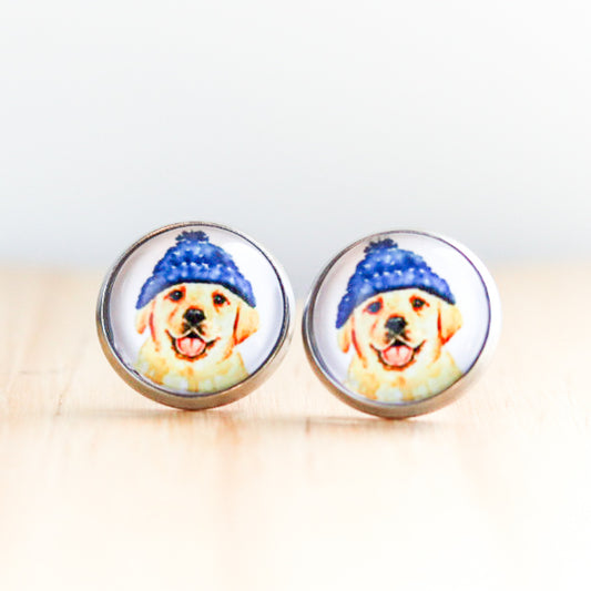 Golden Retriever Dog Winter Hat Stud Earrings - Lake and Lark