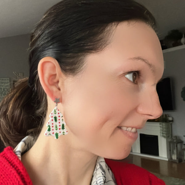 boho clay christmas tree earrings