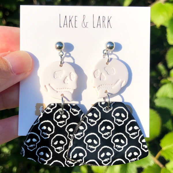 painted skull halloween clay statement earrings lake lark