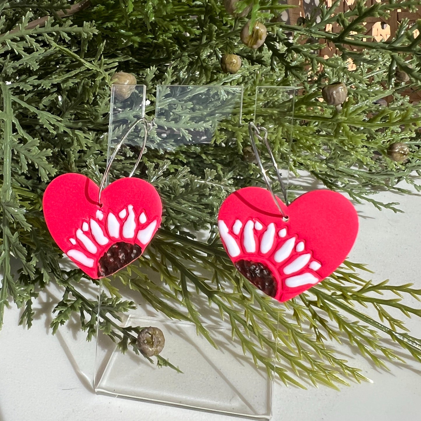 white sunflower heart hoop valentine earrings