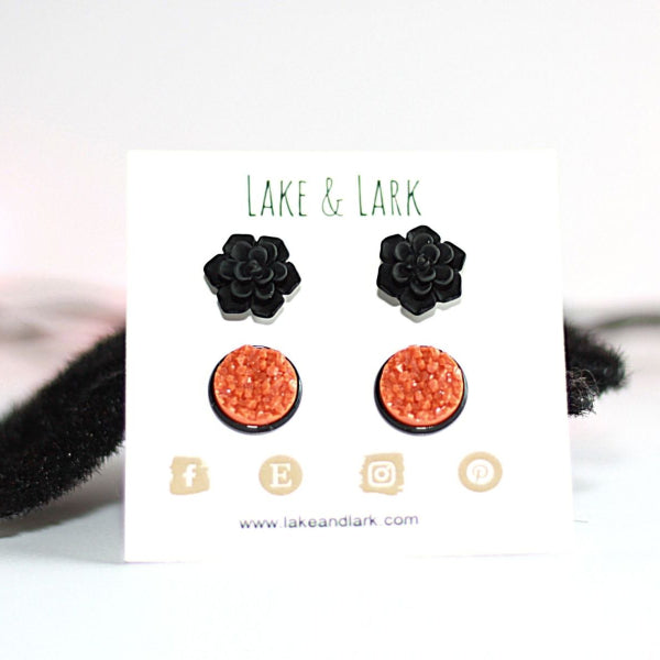 black succulent stud earrings