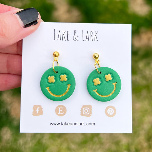 smiley face shamrock emoji eyes earrings