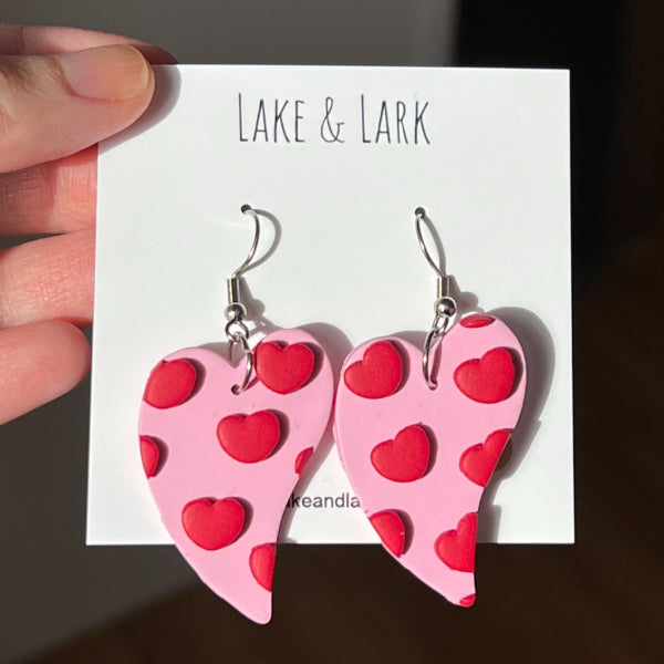 pink red heart clay earrings