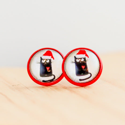 black cat santa christmas stud earrings