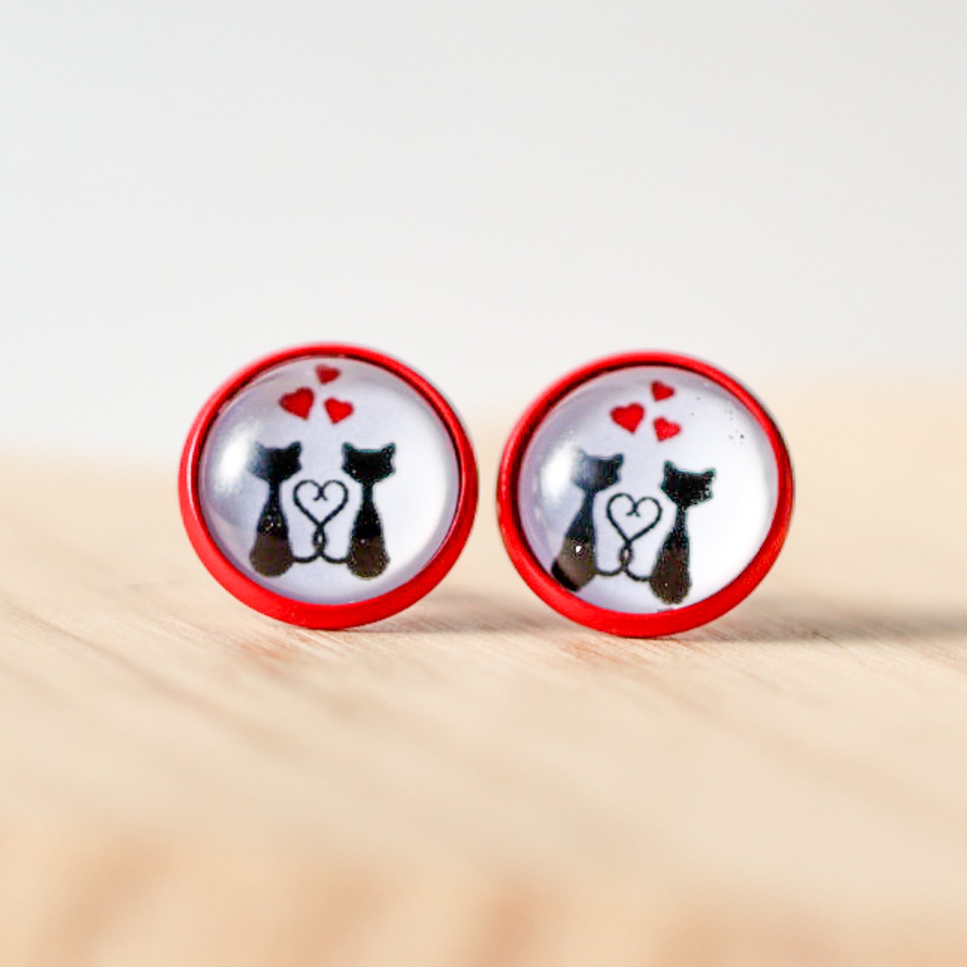 black cat heart love stud earrings cat mom valentine gift