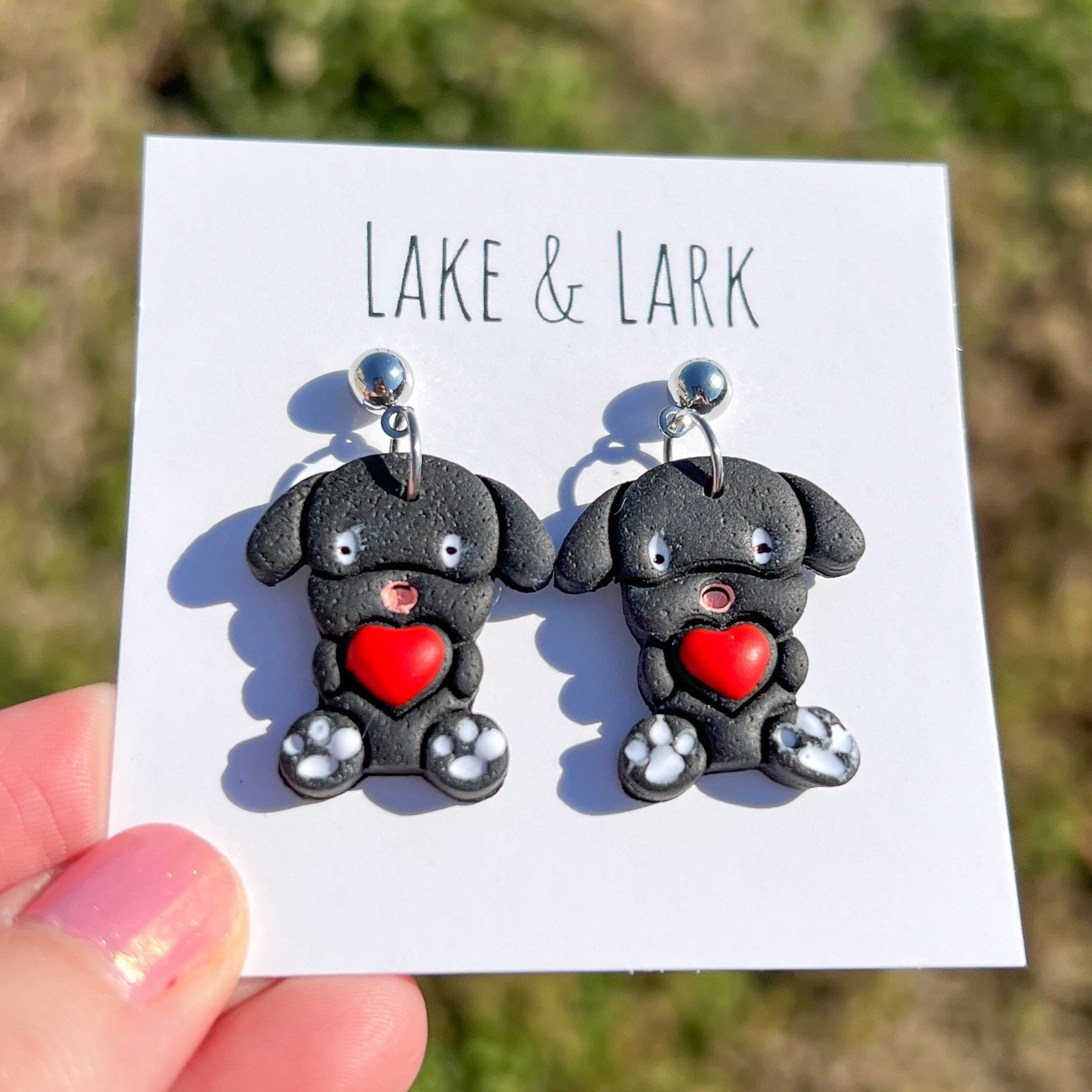 black dog heart valentine earrings dog mom gift lake lark