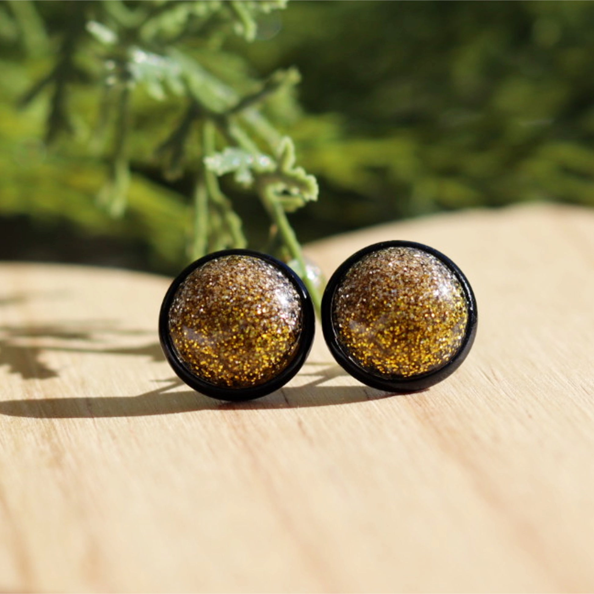 sparkly gold black glitter stud earrings