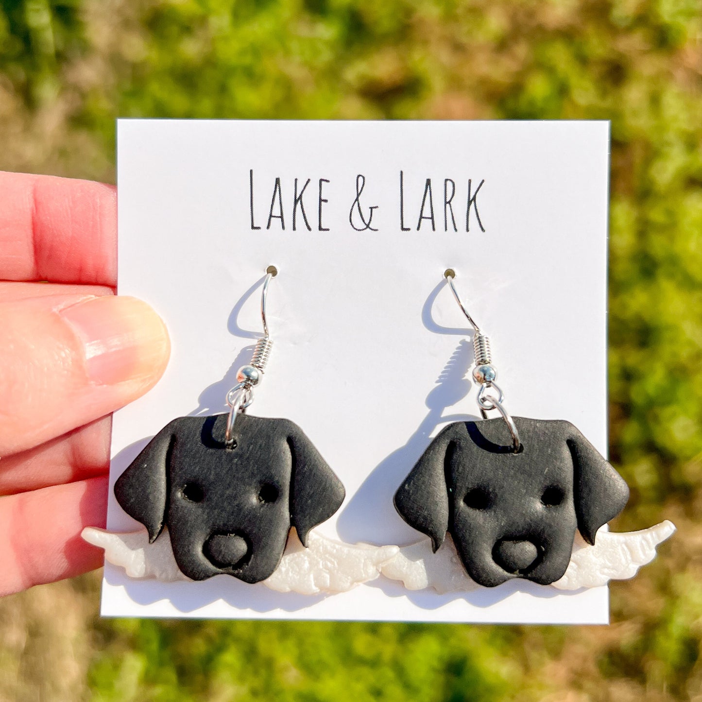 angel black lab dog earrings