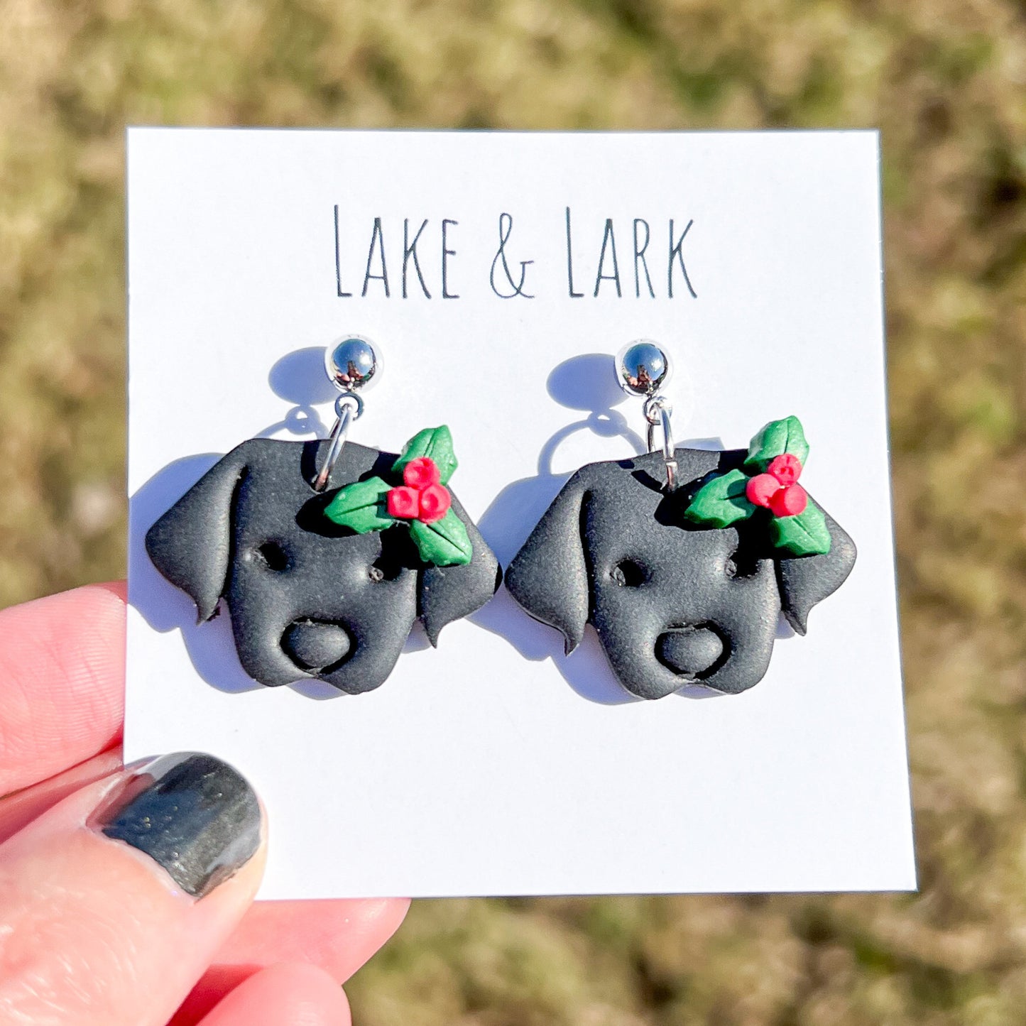 black lab dog christmas earrings holly berries