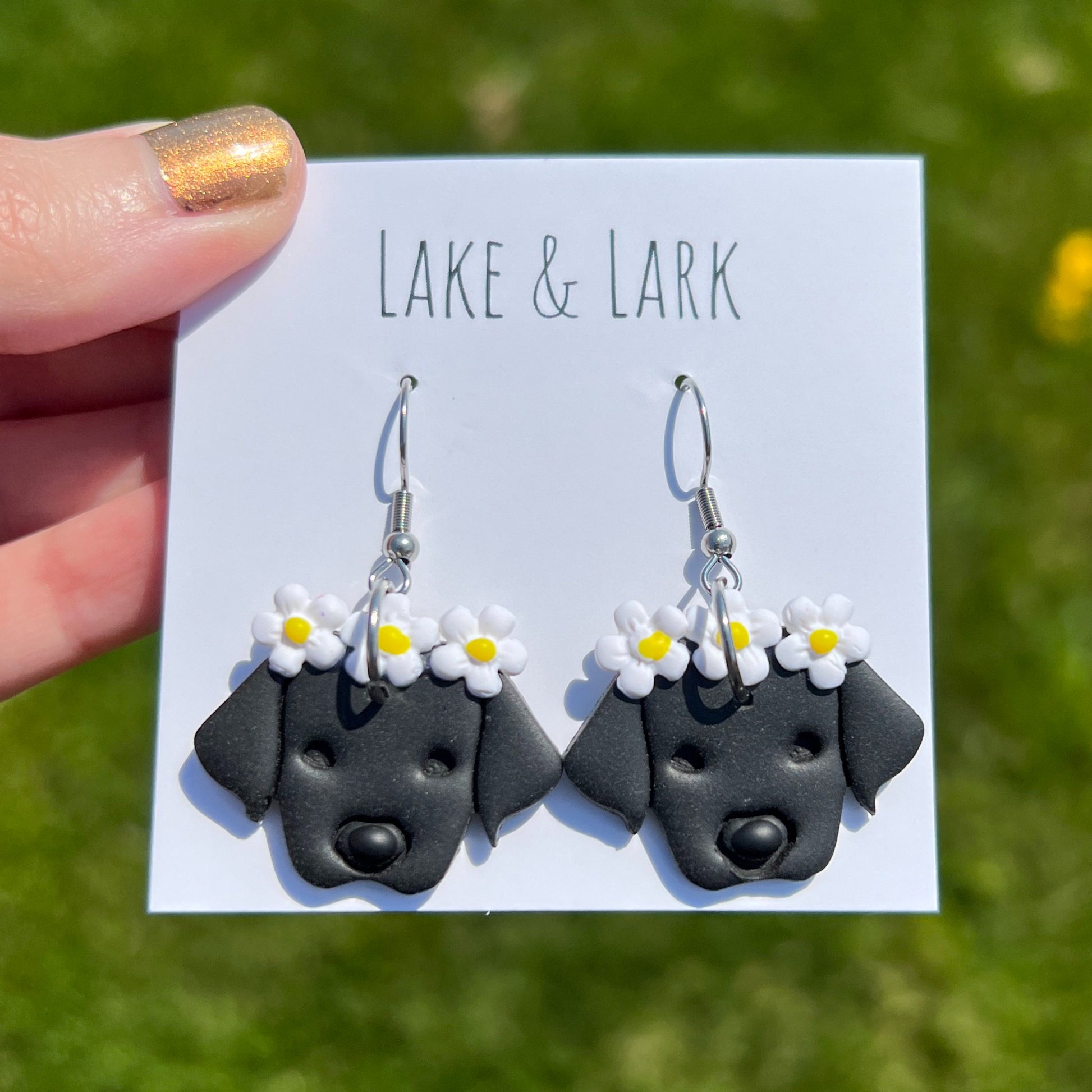 black lab dog daisy crown earrings