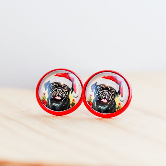 black pug dog christmas stud earrings