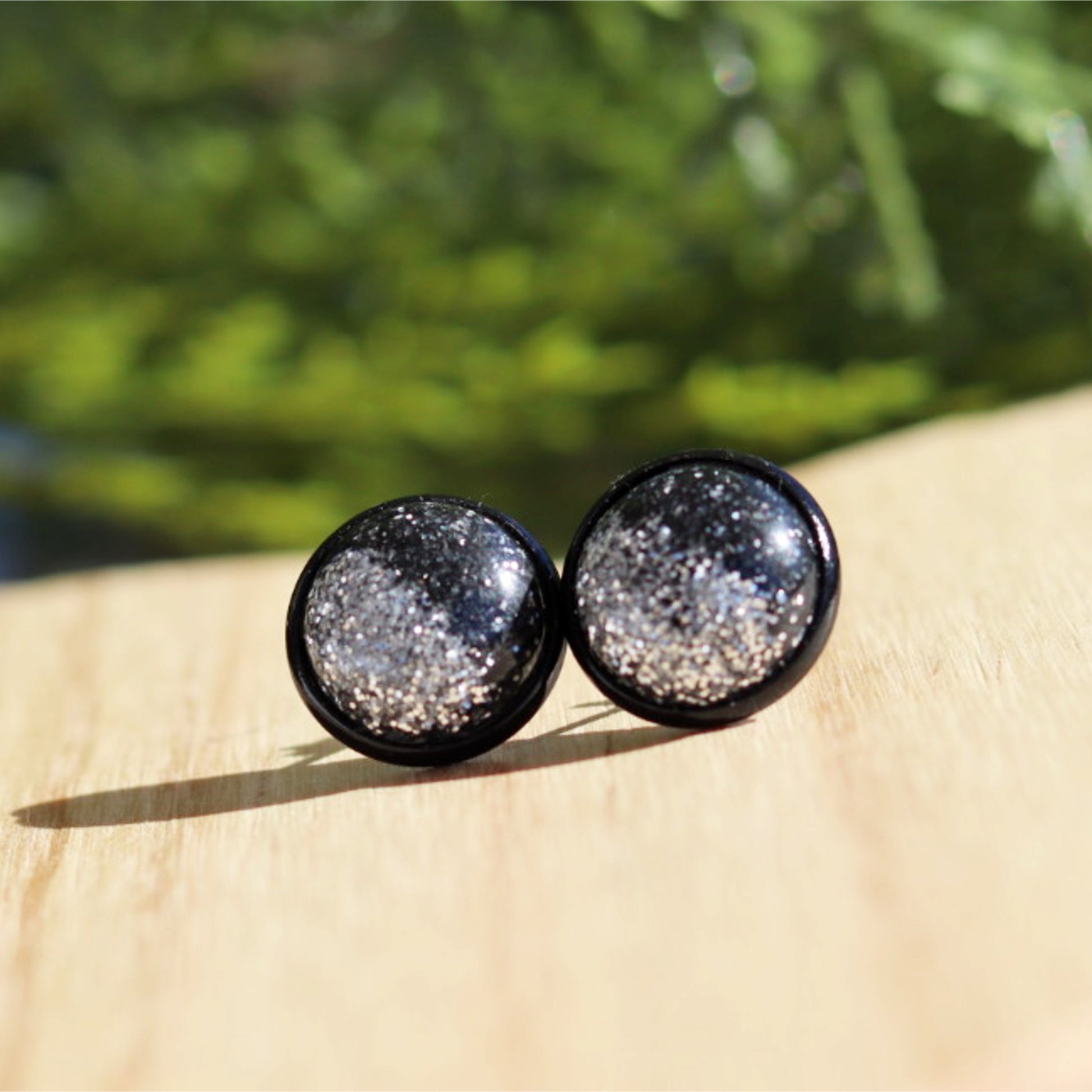 sparkly black silver glitter stud earrings