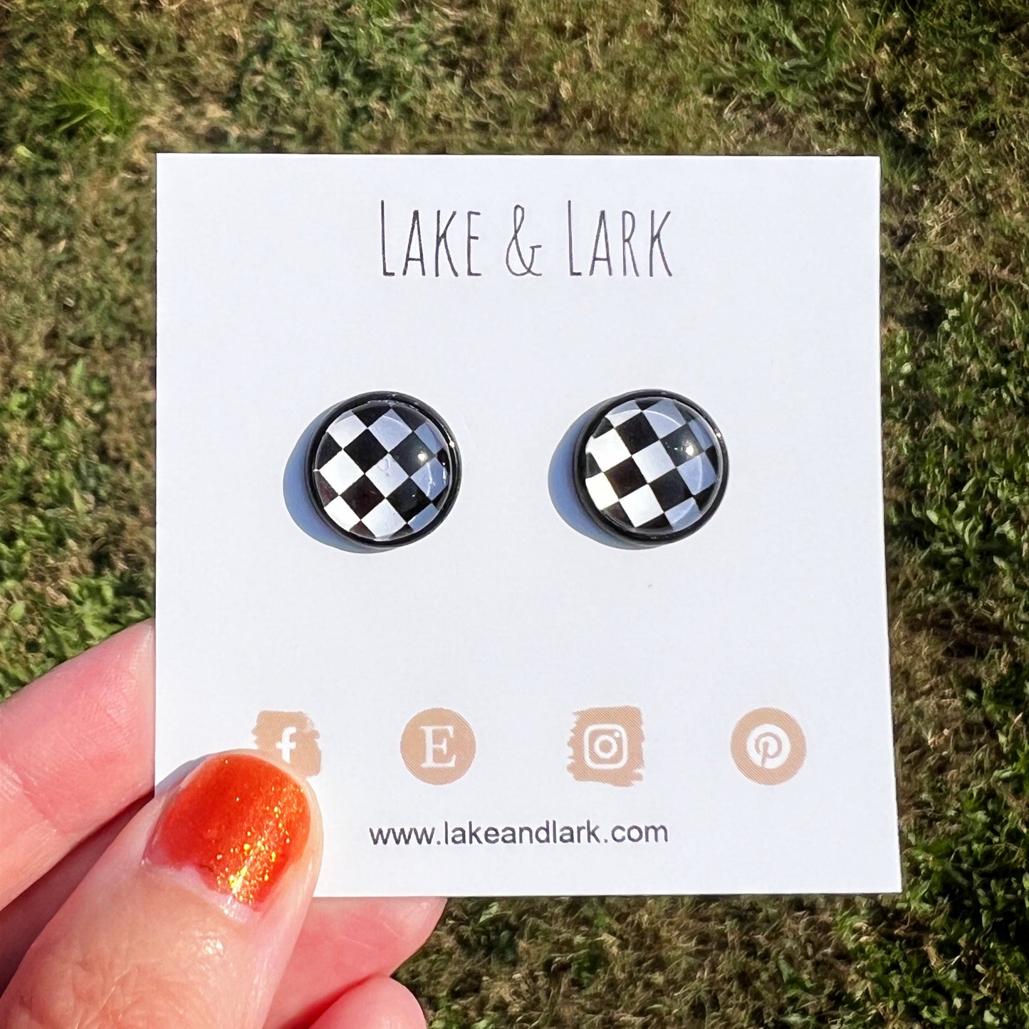 black white checker pattern stud earrings