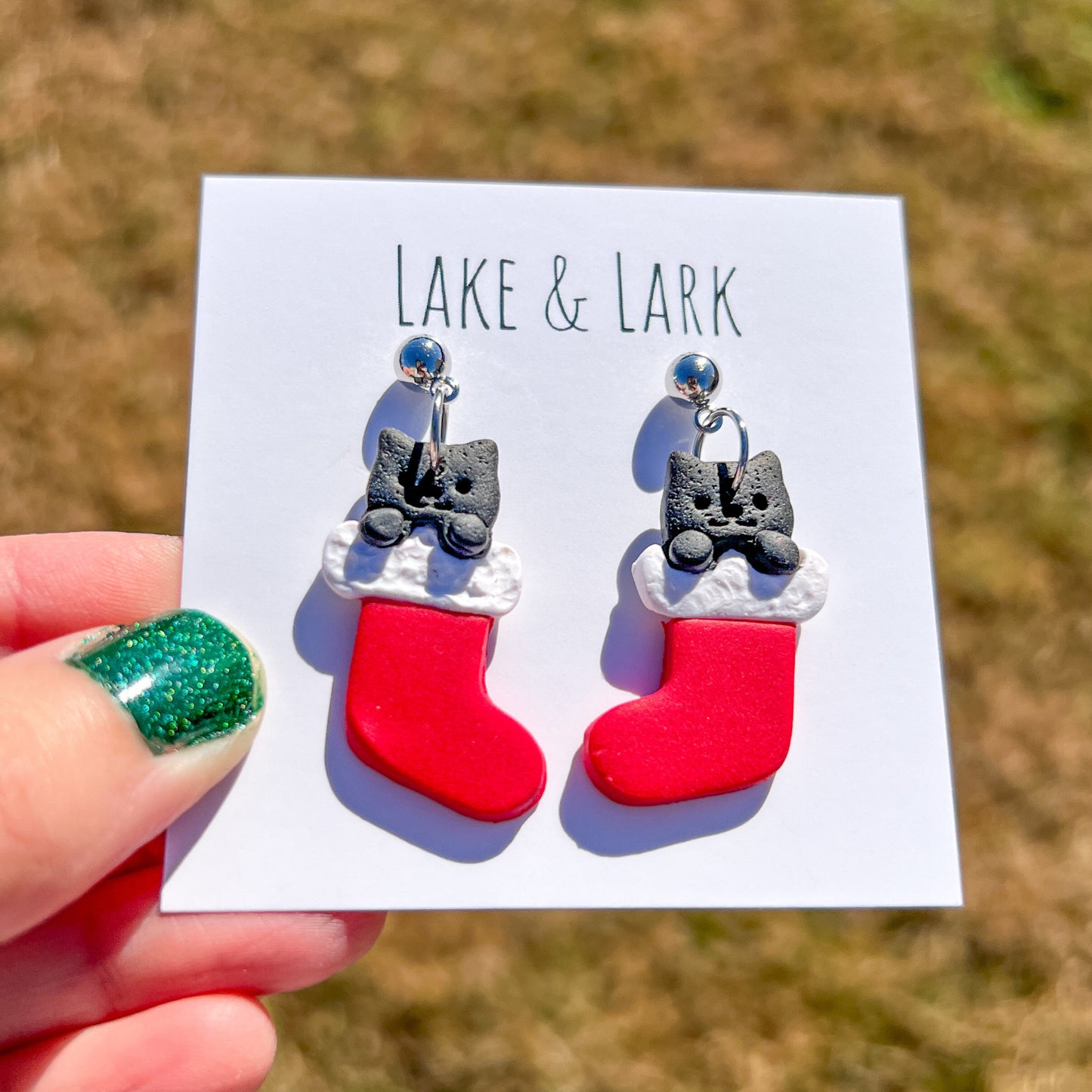 Cat Christmas Stocking Earrings | Handmade Holiday Cat Mom Jewelry