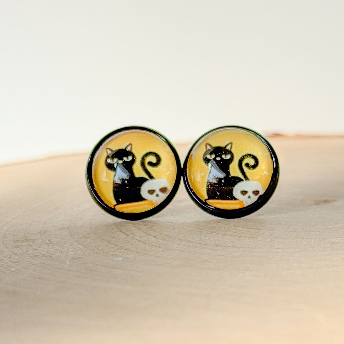 Black Cat Skull Halloween Stud Earrings