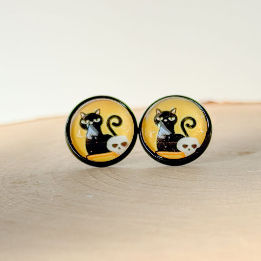 Black Cat Skull Halloween Stud Earrings