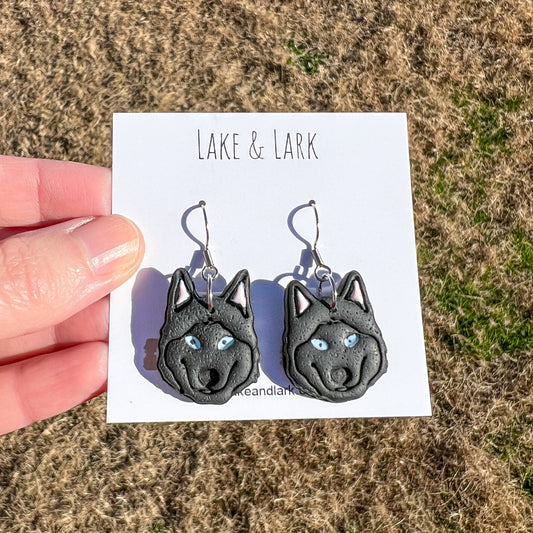 Black Husky Clay Dog Earrings
