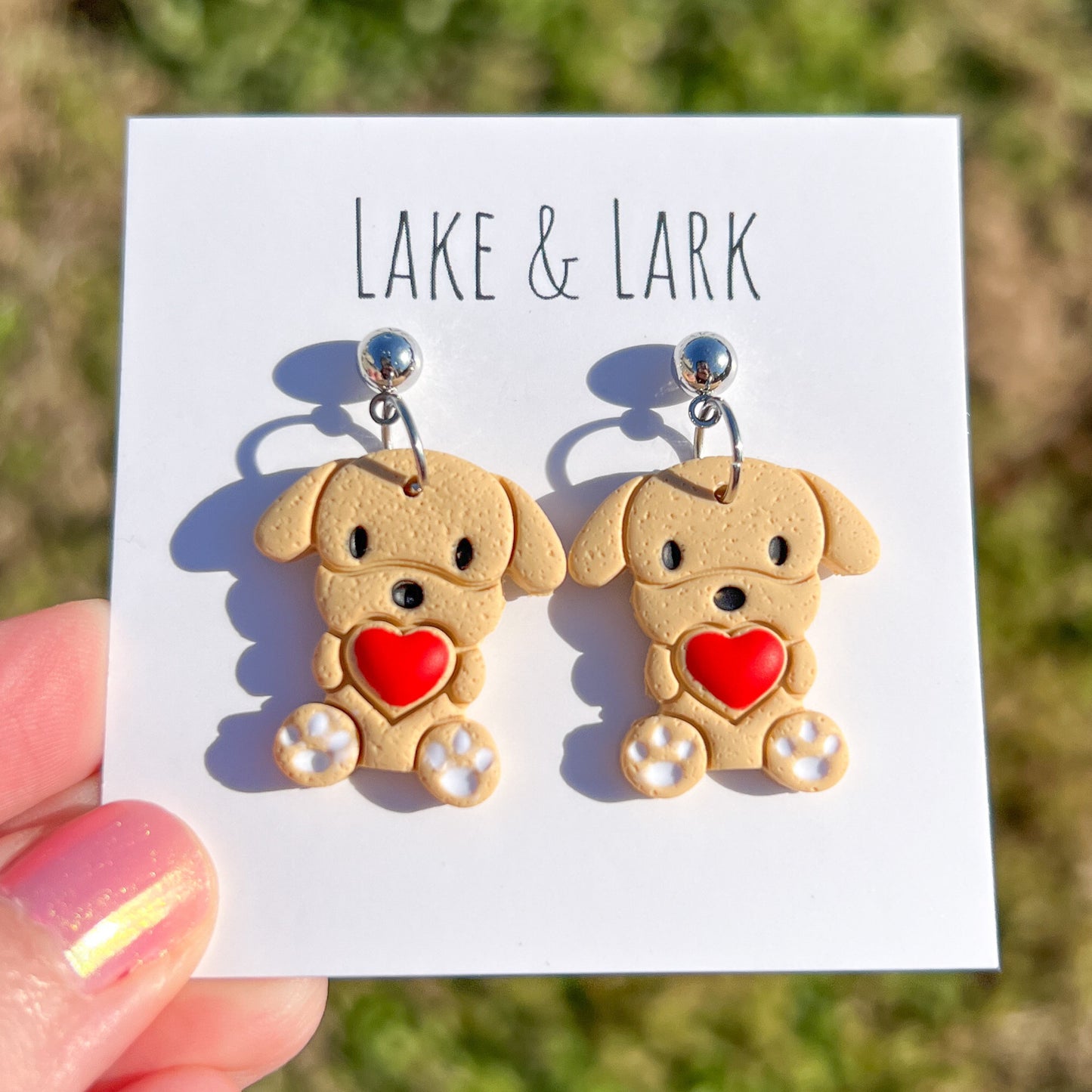 blonde dog heart valentine earrings dog mom gift lake lark