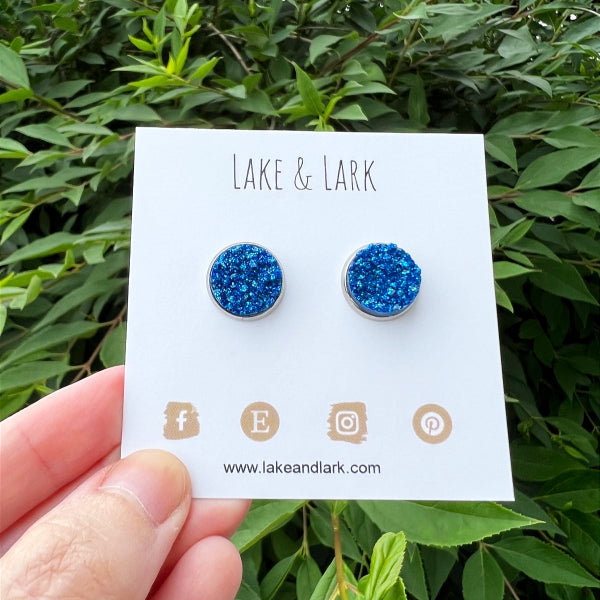 blue glitter druzy stud earrings lake lark