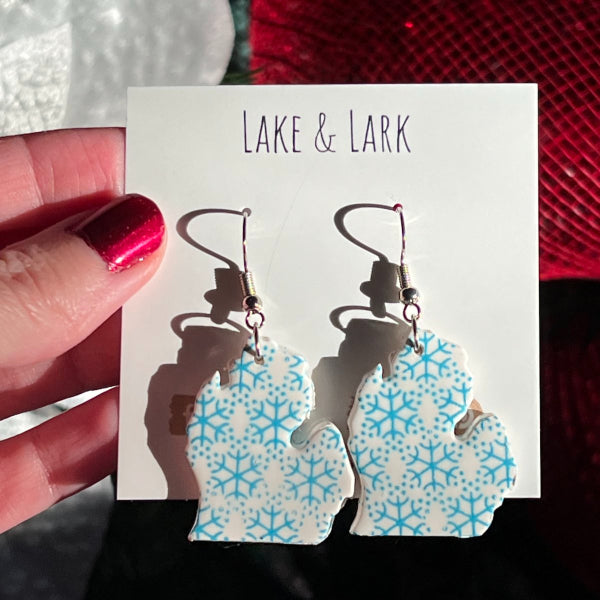 michigan blue snowflake earrings