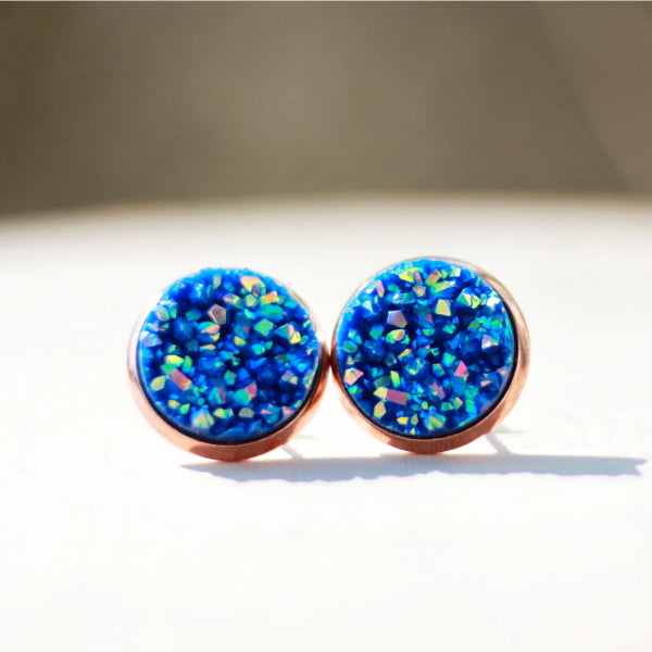 rose gold blue druzy stud earrings