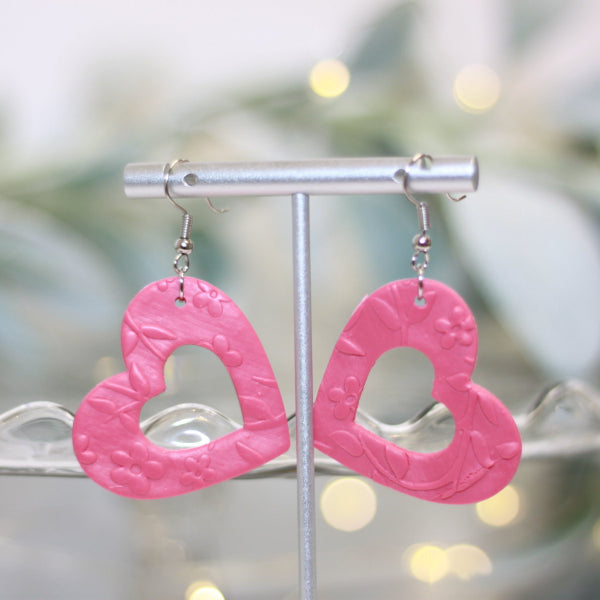 dangly pink heart polymer clay earrings