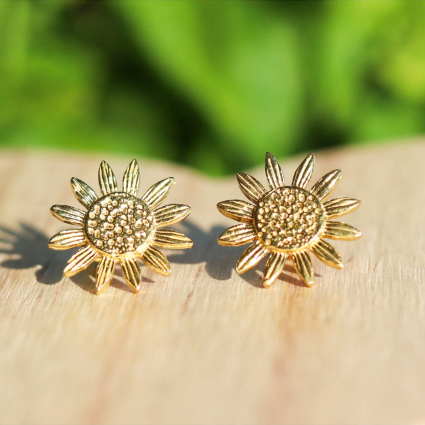 brass gold sunflower stud earrings