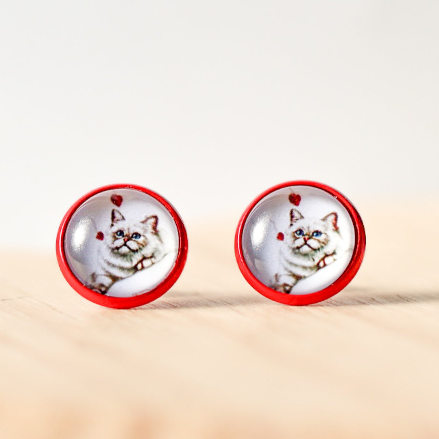 white cat heart valentine stud earrings