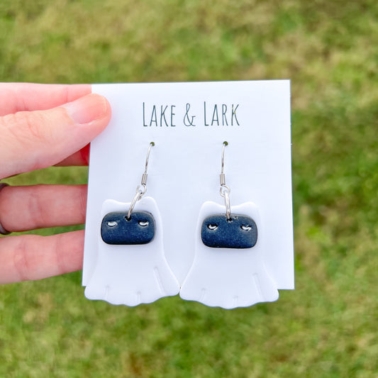 Cat Ghost Mask Halloween Dangly Earrings | Cat Mom Gift