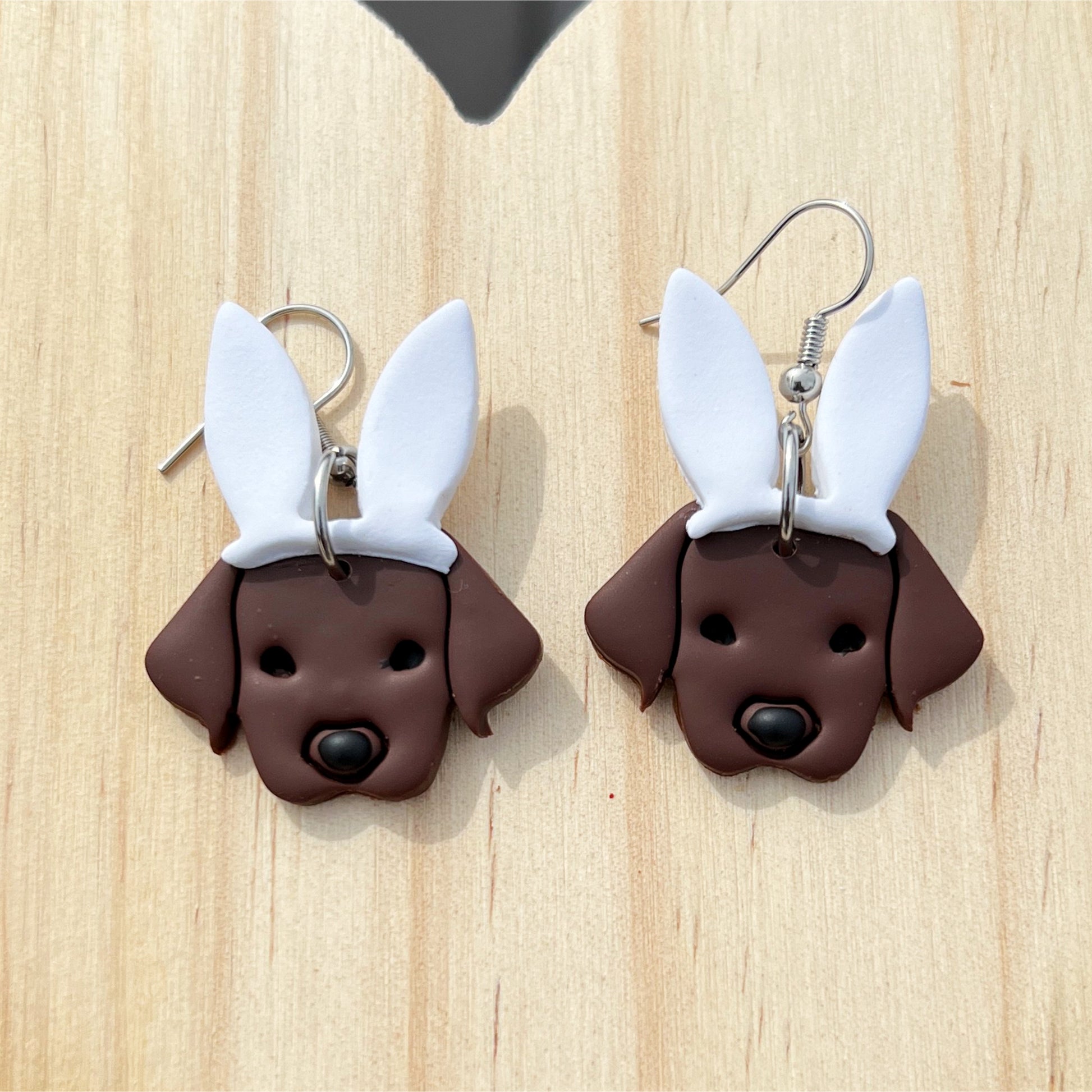 chocolate labrador dog easter bunny earrings lake lark