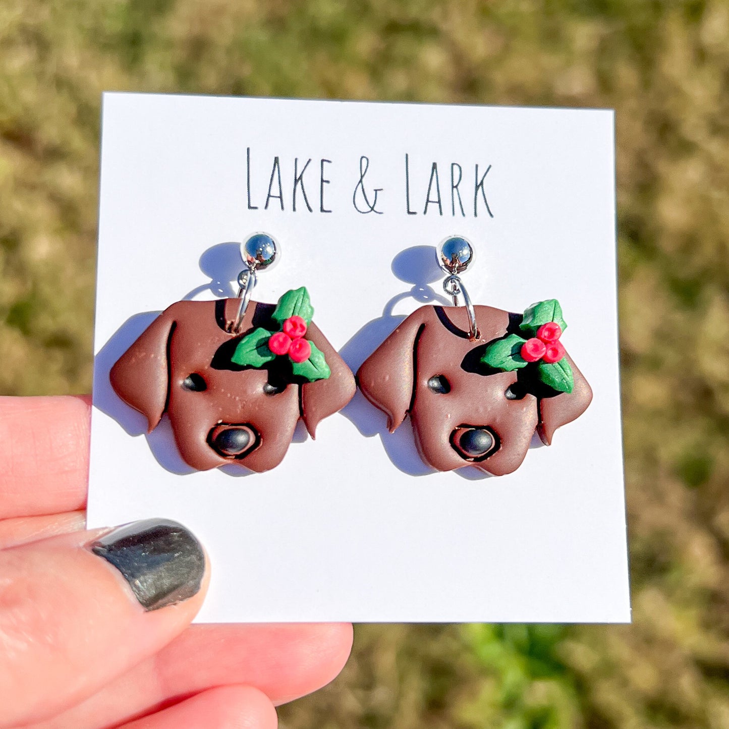 chocolate labrador retriever dog christmas earrings holly berries lake lark