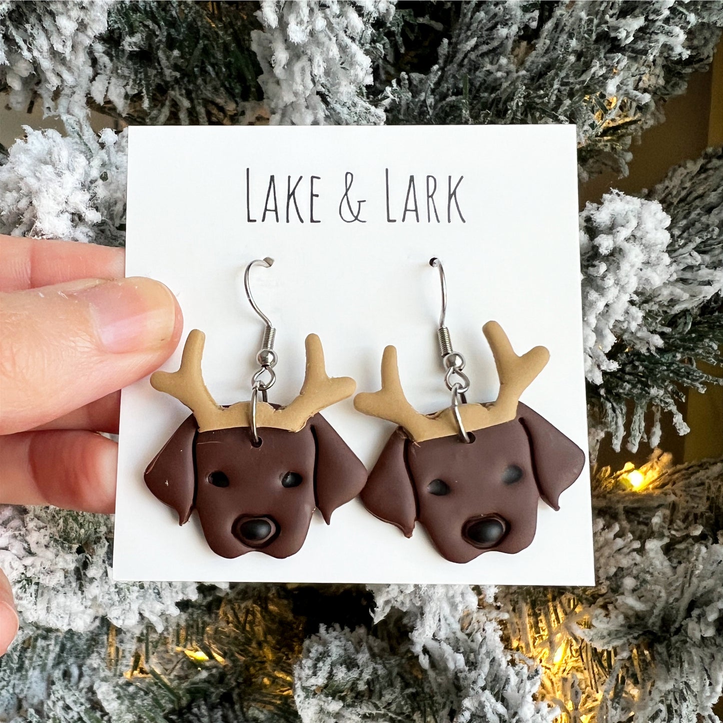 chocolate lab reindeer dog christmas clay earrings