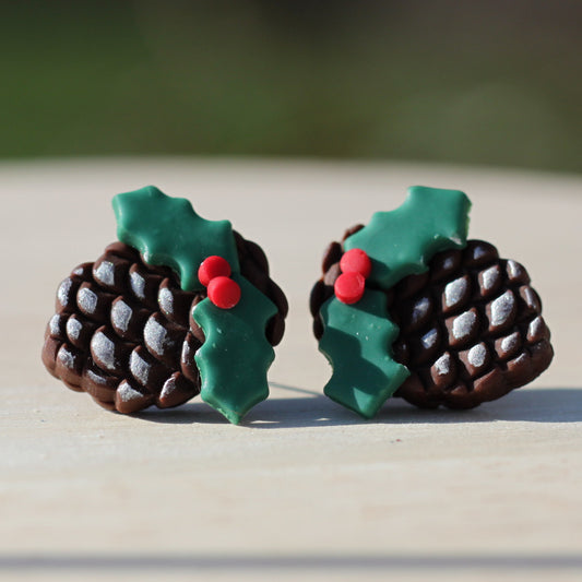 holly berry pine cone stud earrings