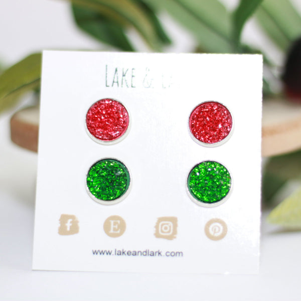 red green druzy stud earring set