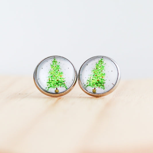 watercolor christmas tree stud earrings