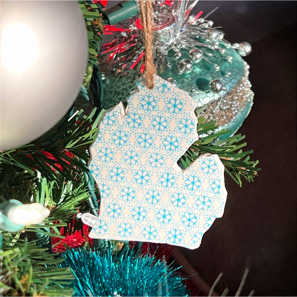 painted blue snowflake michigan christmas ornament