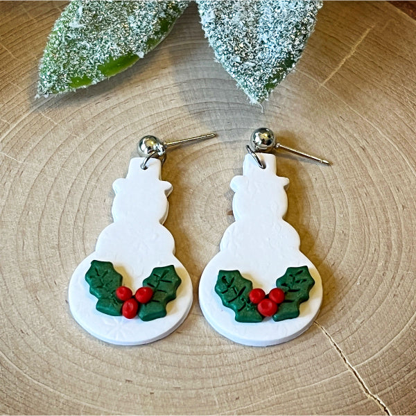 holly berry snowman earrings