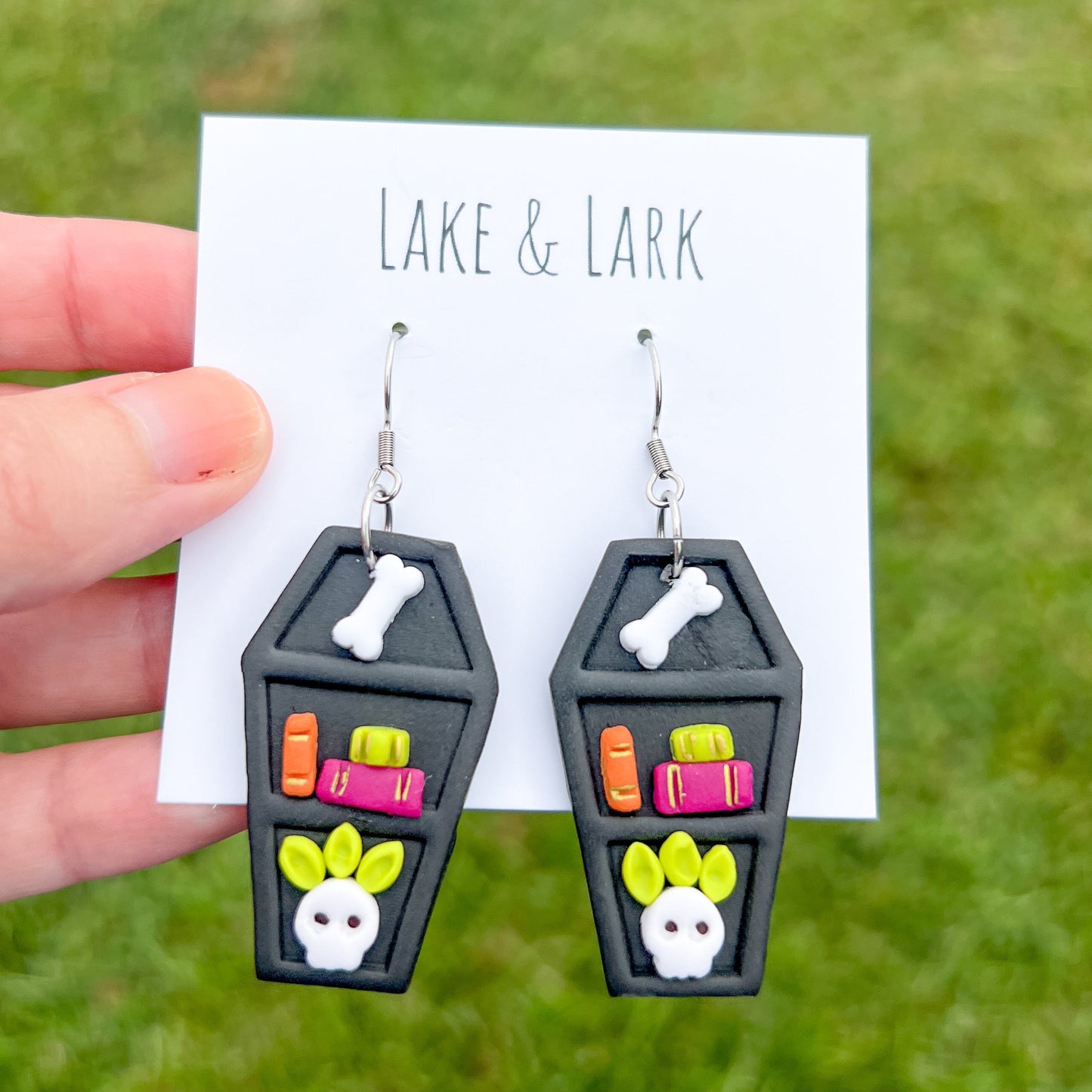 Coffin Bookshelf Halloween Earrings | Handmade Polymer Clay Spooky Book Lover Jewelry
