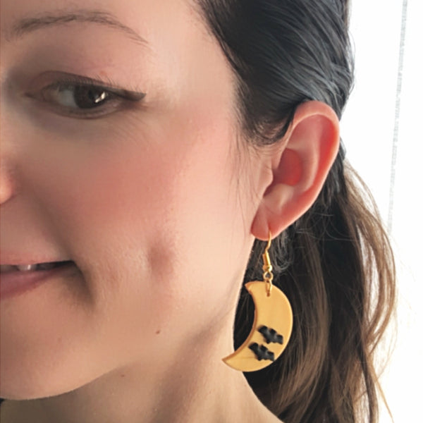 halloween bat gold moon earrings