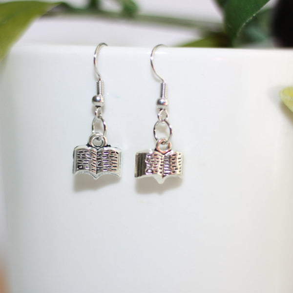 silver charm book earrings