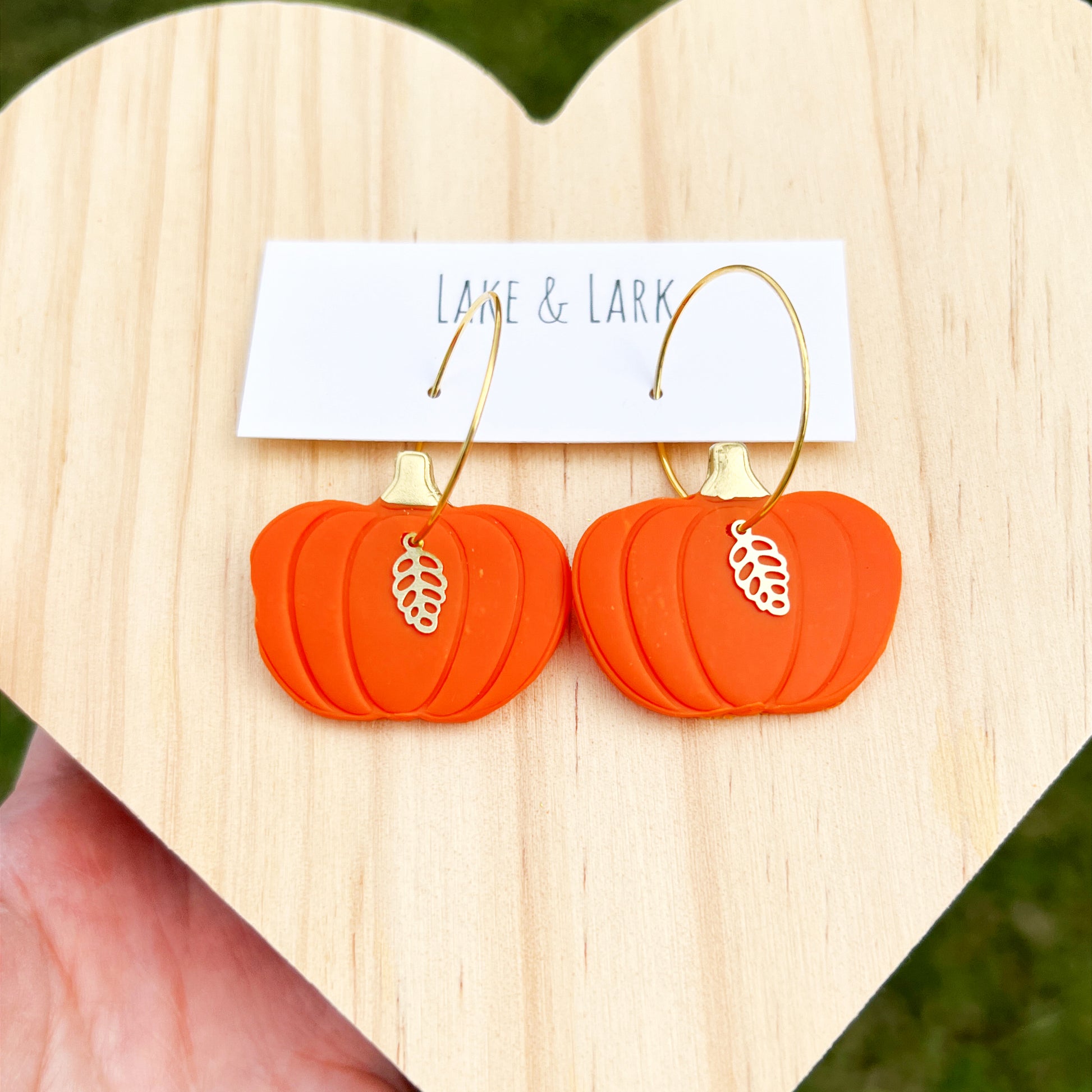 burnt orange pumpkin leaf clay hoop earrings