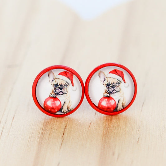 frenchie dog christmas stud earrings