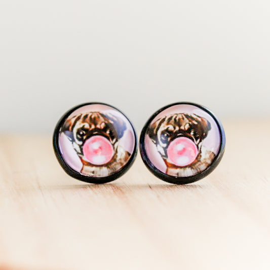 funny pug dog stud earrings blowing bubble gum