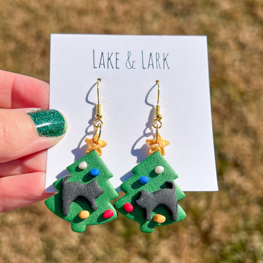Funny Cat Christmas Tree Earrings