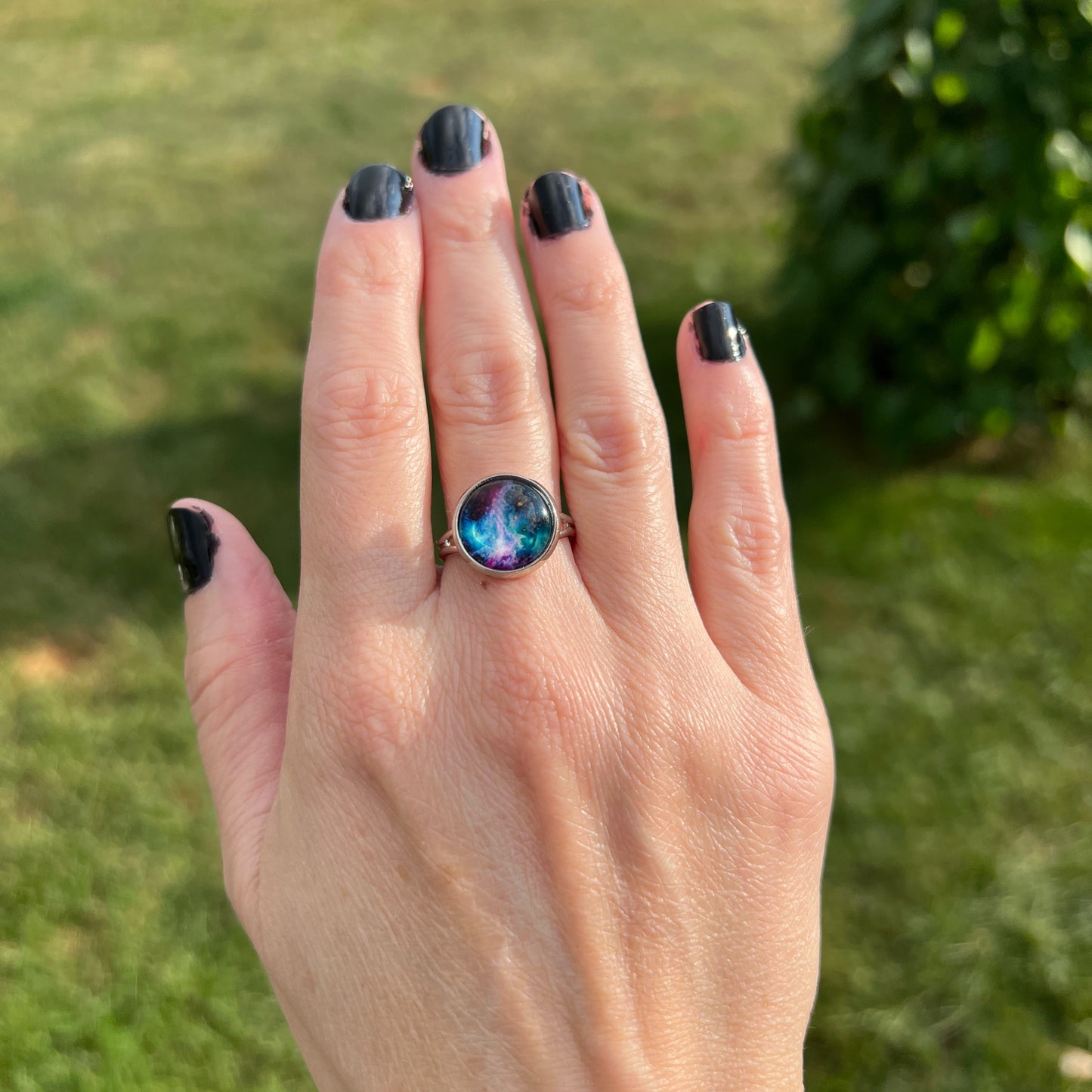 galaxy night sky adjustable silver ring