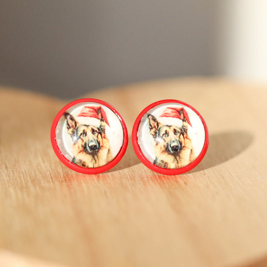 german shepherd santa paws dog christmas stud earrings