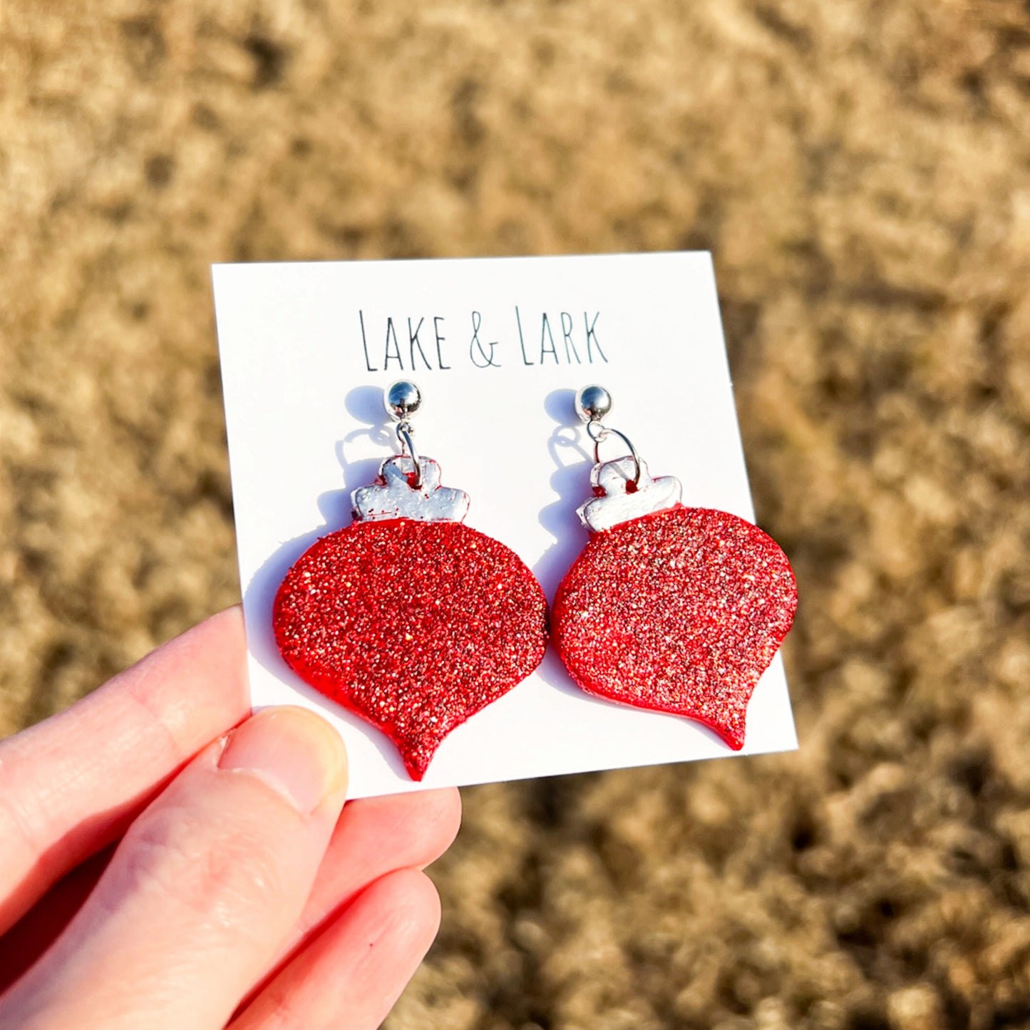 red glitter christmas ornament earrings