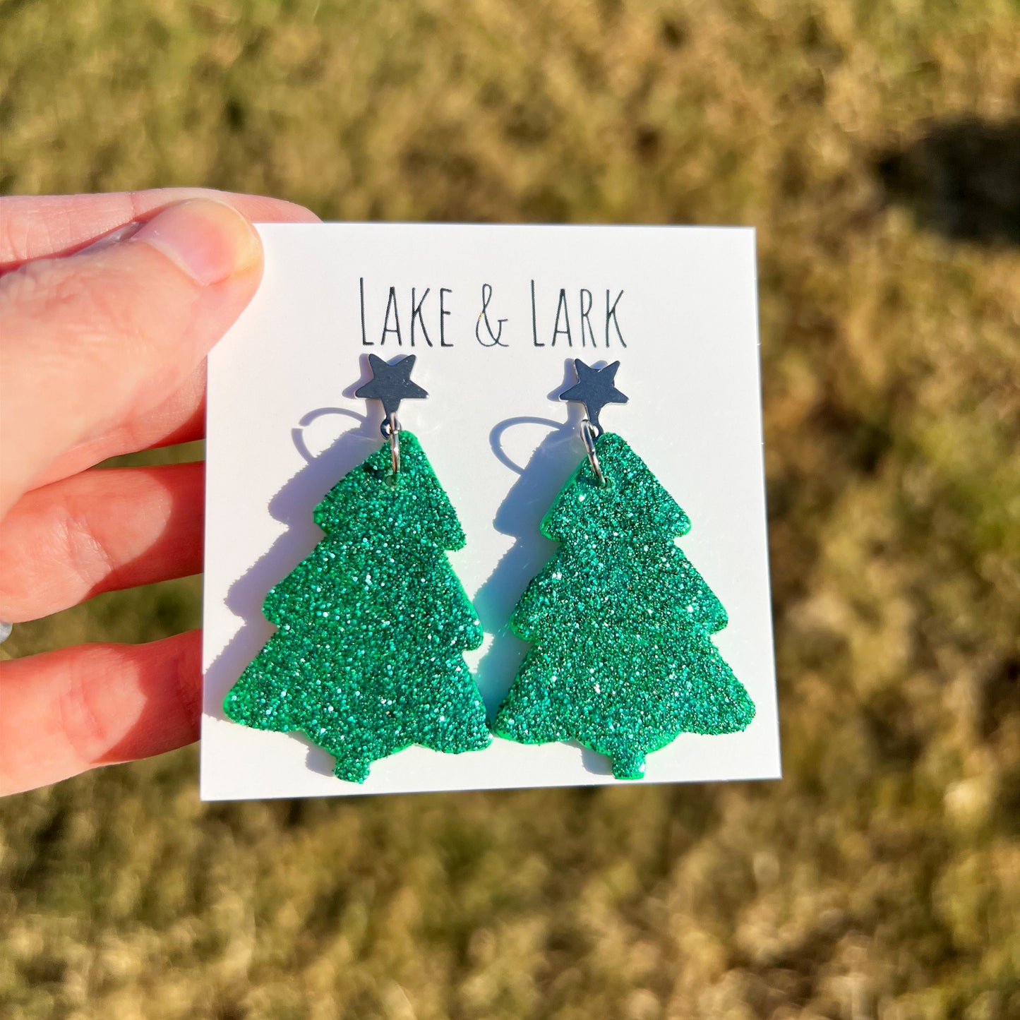 green glitter christmas tree earrings star