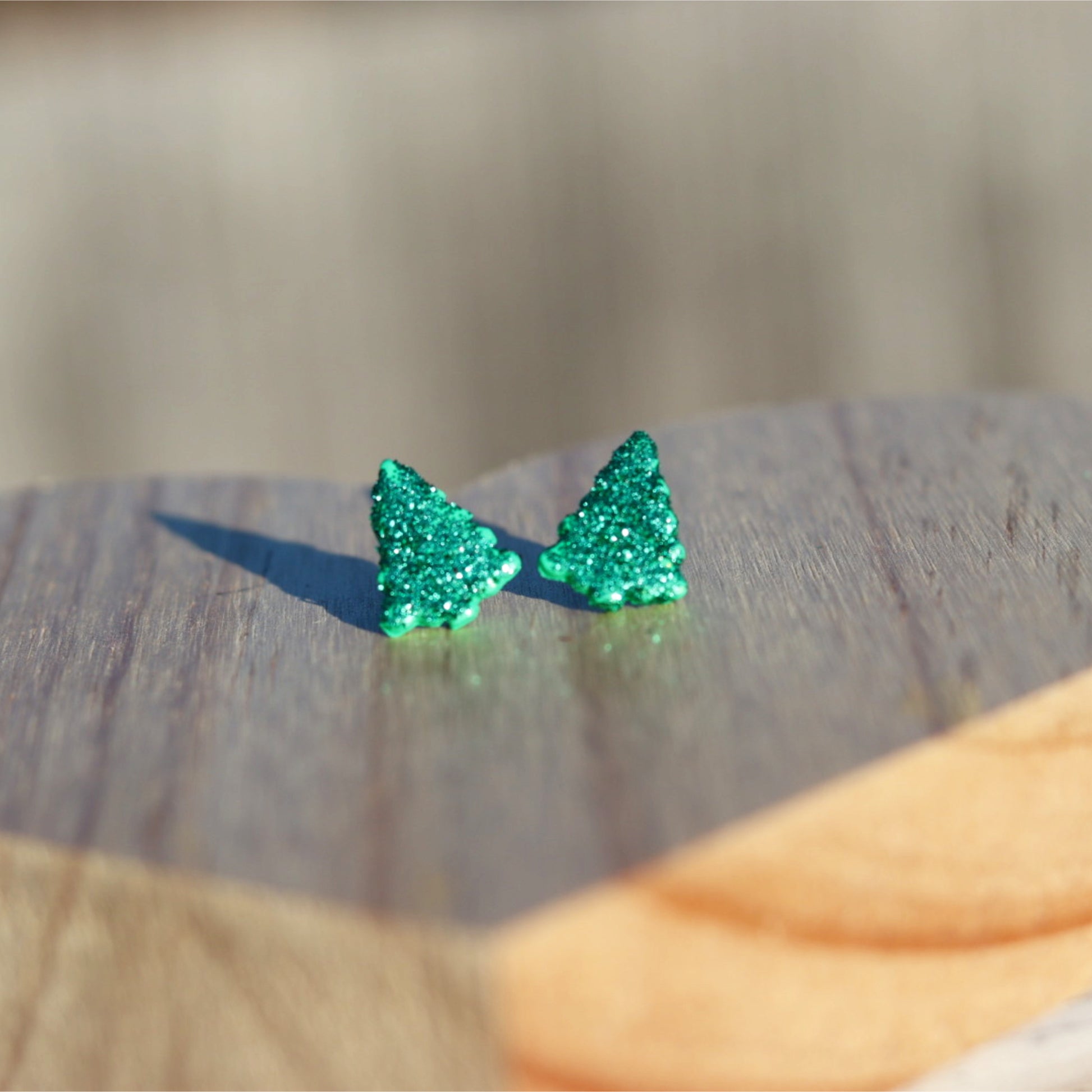 green glitter christmas tree earrings